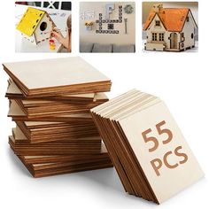 a stack of wooden cards with the number 55 on them and pictures of houses behind it