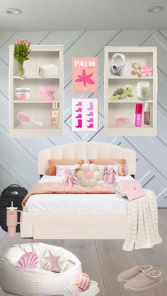 there is a bed with pink decorations on the wall above it and other items around it