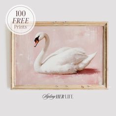 a painting of a white swan on a pink background with the words 100 free prints