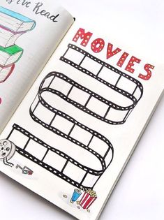 an open children's book with pictures of movies on the cover and words that read movies