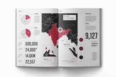 an open book with info and statistics on it's pages, showing the location of countries