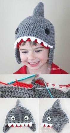 a little boy wearing a crocheted shark hat with big eyes and teeth on it