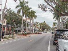 cars are parked on the street in front of buildings and palm trees, with shops lining both sides