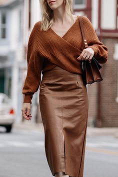 Fall Outfit Skirt, Brown Leather Skirt Outfit, Faux Leather Skirt Outfit, Leather Skirt Outfit Ideas, Brown Skirt Outfit, Wrap Front Sweater, Skirt Outfit Fall, Brown Leather Skirt, Leather Skirt Outfit