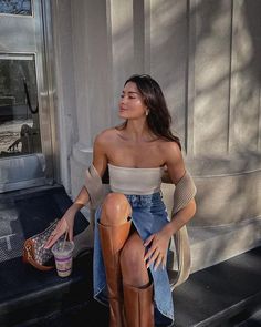 Look Adidas, High Heeled Boots, Neue Outfits, Foto Poses, Denim Mini Dress, Mode Inspo