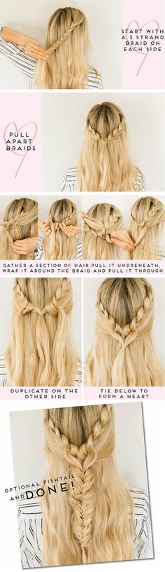 When it comes to styling hair, you simply cannot go wrong with braids. Whether your hair is long and thick or medium length and thin, whether it's summer or winter, braids are perfect for any time and situation. Need something fancy? Adorn your braid with pretty ribbons or hair bands. Looking for a casual yet feminine and elegant look for work? Just a simple braid will do. Truly, braids are incredibly versatile, practical and a little boring. There are just so many times you can try a hairsty... Occasion Hairstyles, Braids Tutorial, Heart Braid, Fishtail Braid, Heart Hair, Easy Braids, Braided Hairstyles Tutorials, Hairstyles Braids