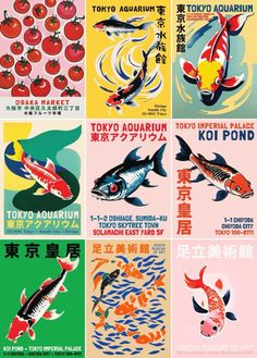 an advertisement for tokyo aquarium with koi fish and tomatoes on the bottom, in different colors