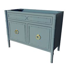 a blue cabinet with two gold handles on the top and bottom, against a white background