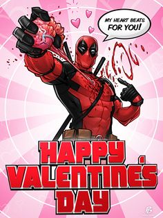 a deadpool character with a heart in his hand, saying happy valentine's day