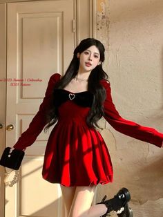 Mqtime Women's Red Velvet Dresses Square Collar Long Sleeve Bow Heart Design Mini Dress Autumn Winter Female Party Dress Christmas Red Velvet Dresses, Party Dress Christmas, Chiffon Ruffle Dress, Red Velvet Dress, Velvet Dresses, Dress Christmas, Dress Autumn, Christmas Party Dress, Red S