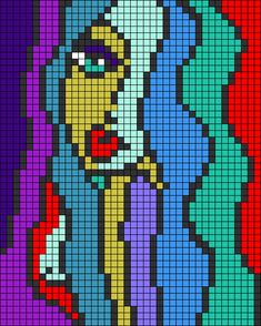 the pixel art is colorful and has an image of a woman's face on it