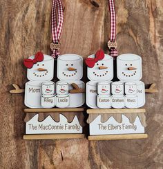 three wooden magnets with snowmen on them and the words the macconine family