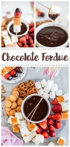 chocolate fondue with marshmallows, strawberries and pretzels on skewers