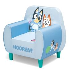 a blue children's chair with cartoon characters on it