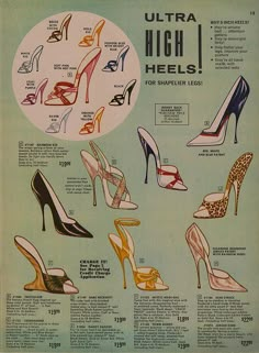 1964 Frederick's of Hollywood catalog......I  see  these  same  shoes  NOW...  fashion  history  repeating  itself  I  guess....ha ha ha 1950s Suburbia, Shoe Drawings, Vintage Drawings, Bizarre Magazine, Frederick’s Of Hollywood, Shoes Ads, Retro Advertising, Shoes Vintage, Heel Design