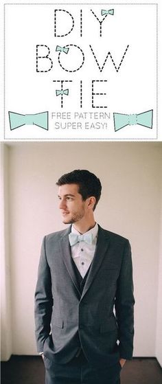 a man in a tuxedo and bow tie standing next to the words diy bow tie free pattern