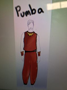 a paper cut out of a man wearing a red jumpsuit with the word pumba written on it