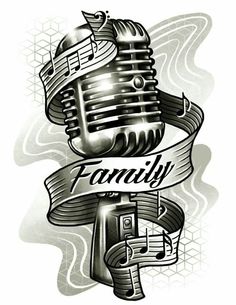 an old fashioned microphone with the word family on it and ribbon around it's neck