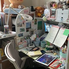 a cluttered desk with lots of stuff on it