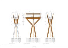 three different types of wooden structures with drawings on the top and bottom, along with measurements for each structure