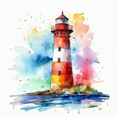 a watercolor painting of a lighthouse on top of a small island