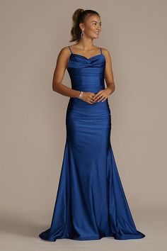 Occasion Dresses - Jules and Cleo Cowl Neck Stretch Satin Mermaid Trumpet Dress Style # WBM3576 – View Image 5 Navy Blue Prom Dress, Neon Prom Dresses, Prom Dresses 2023, Prom Dress Trends, Sparkly Prom Dress, Below The Knee Dresses, Dresses By Pattern, Strapless Prom Dress, Gaun Fashion