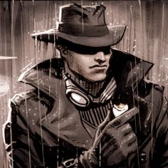 a drawing of a man wearing a hat and coat in the rain