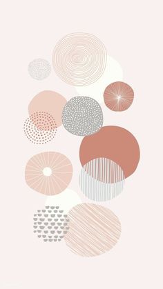 an abstract painting with circles and lines in pink, grey, white and gray colors