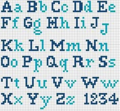 a cross stitch alphabet with letters and numbers in blue, white and black colors on a white background