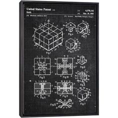 a black and white poster with some drawings on it, including cubes and other items