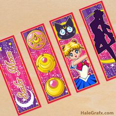 four bookmarks with cartoon characters on them, one has a cat and the other has a moon