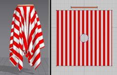 a red and white striped towel hanging from a pole next to a photo of a door