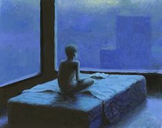 a painting of a person sitting on a bed in front of a window looking out at the city