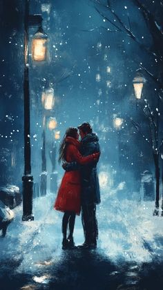 a painting of two people embracing in the snow