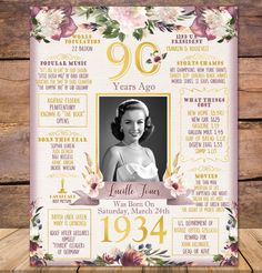 the 90th birthday card for an old woman with flowers on it and gold lettering