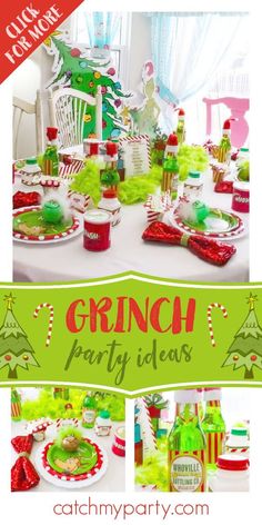 the grino party table is set up with green and red plates, cups, napkins and candy