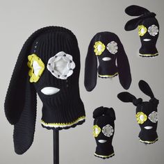 A cool collection of knitted women's and men's cotton yarn balaclavas with bunny ears available to order. Crocheted ski mask black #53 according to the color scheme in the last image. One eye hole in white #01, the other in green chartreuse #29, embellished with a floral pattern. Personalization and artful handwork make each piece unique. Want a hat in a different color or style, email me and I'll custom knit the model you want. Size:  M- 22" - 22 3/8" (55.9 cm-56.8 cm) L- 22 3/4"-23 1/8" (57.8 Crochet Ski Mask For Dog, Bad Bunny Hat Crochet, Ski Mask Women, Ears Aesthetic, Balaclava Ski Mask, Hat With Ears, Black Bunny, Crochet Cute, Knitted Balaclava