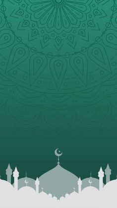 an islamic background with the moon and mosques in the distance, on a dark green background