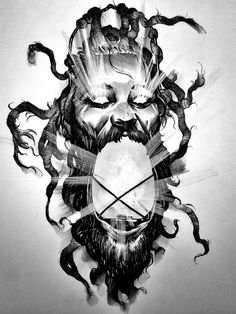 a black and white drawing of a bearded man's face with scissors in his mouth