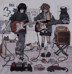 two young men playing guitars in front of a black cat