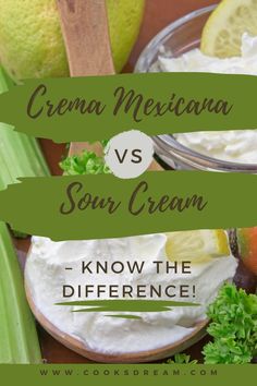 two bowls filled with cream and limes next to some other food on a table