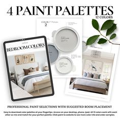 the four paint palettes are shown in different colors and sizes, including one for bedding