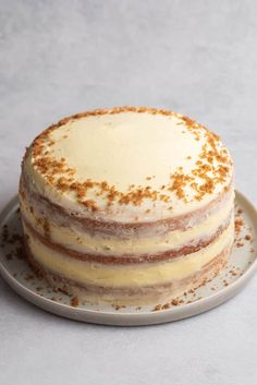 a white cake sitting on top of a plate