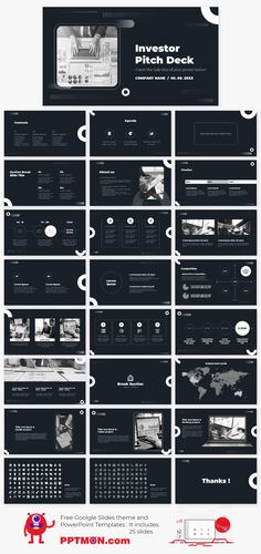 a bunch of black and white images with the words pitch deck written on each page