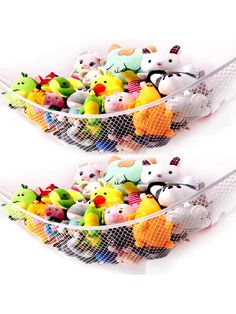 two baskets filled with stuffed animals sitting next to each other