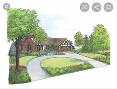 this is an artist's rendering of a house in the country side with trees and shrubs