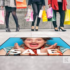 a group of women holding shopping bags with the words sale written on them in front of them