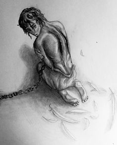 a drawing of a man sitting on the ground with his hands in his pockets while chained to a chain