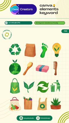 an info sheet with various items and symbols in green colors, including leaves, flowers, plants