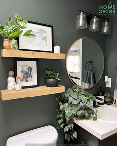 the bathroom is decorated in green and white with some plants on the shelf above the sink